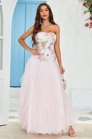 Stropløs A Line Pink Tulle Prom Kjole med applikationer